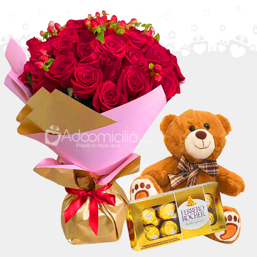 Bouquet De Rosas Con Peluche San Valentín a Domicilio Medellín 