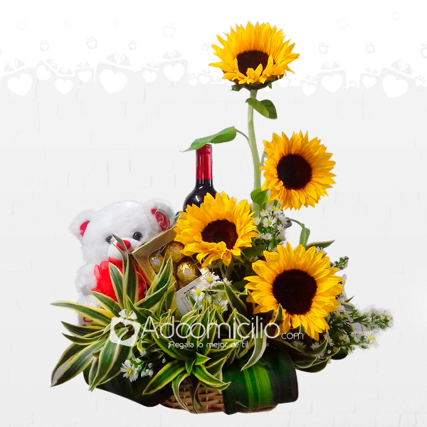 Combinación Perfecta Arreglo Con Girasoles, Peluche Y Vino A Domicilio En Barranquilla