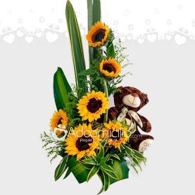 Arreglo floral girasoles y oso de peluche en Barranquilla