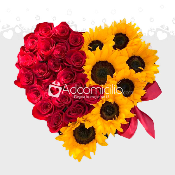 Corazón en rosas rojas y girasoles Regalo dia de la madre